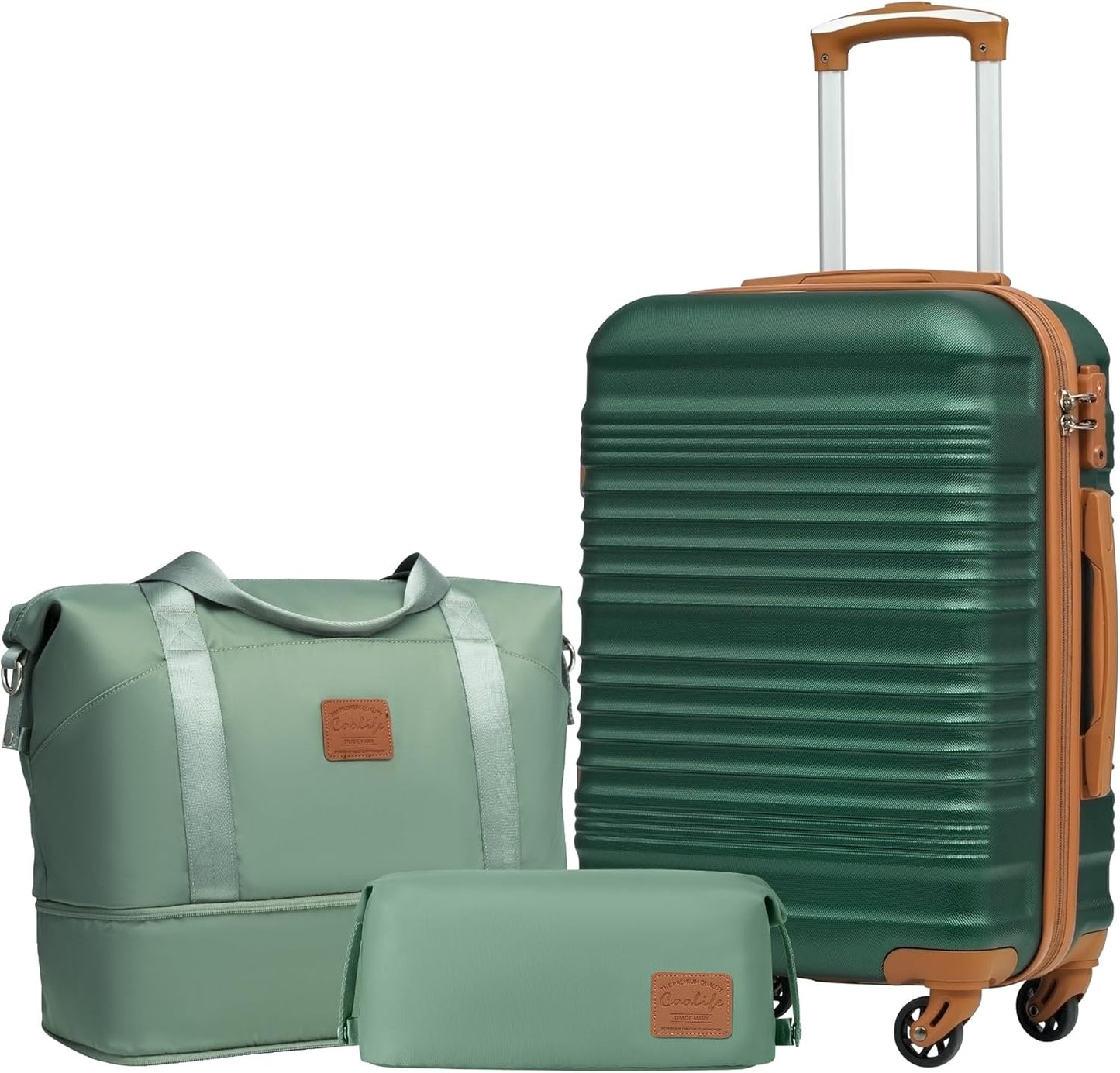 3-teiliges Handgepäckkofferset mit TSA-Schloss, Kulturtasche und erweiterbarer Reisetasche, Handgepäck-Set 3tlg Dunkelgrün/Braun