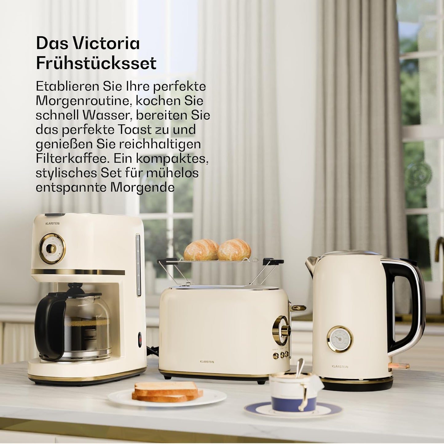Frühstücksset mit Toaster, Wasserkocher & Kaffeemaschine, Creme Komplettset