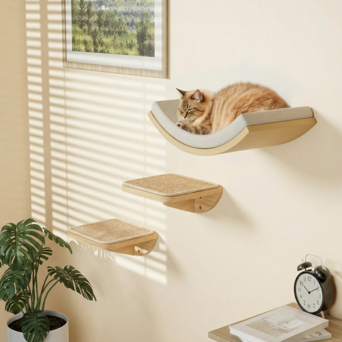 Katzen Kletterwand-Set, 3-teilig, mit 2 Kletterstufen & Gebogenen Plattforme, Beige 2PC Pedal + 1PC Katze Wandregal