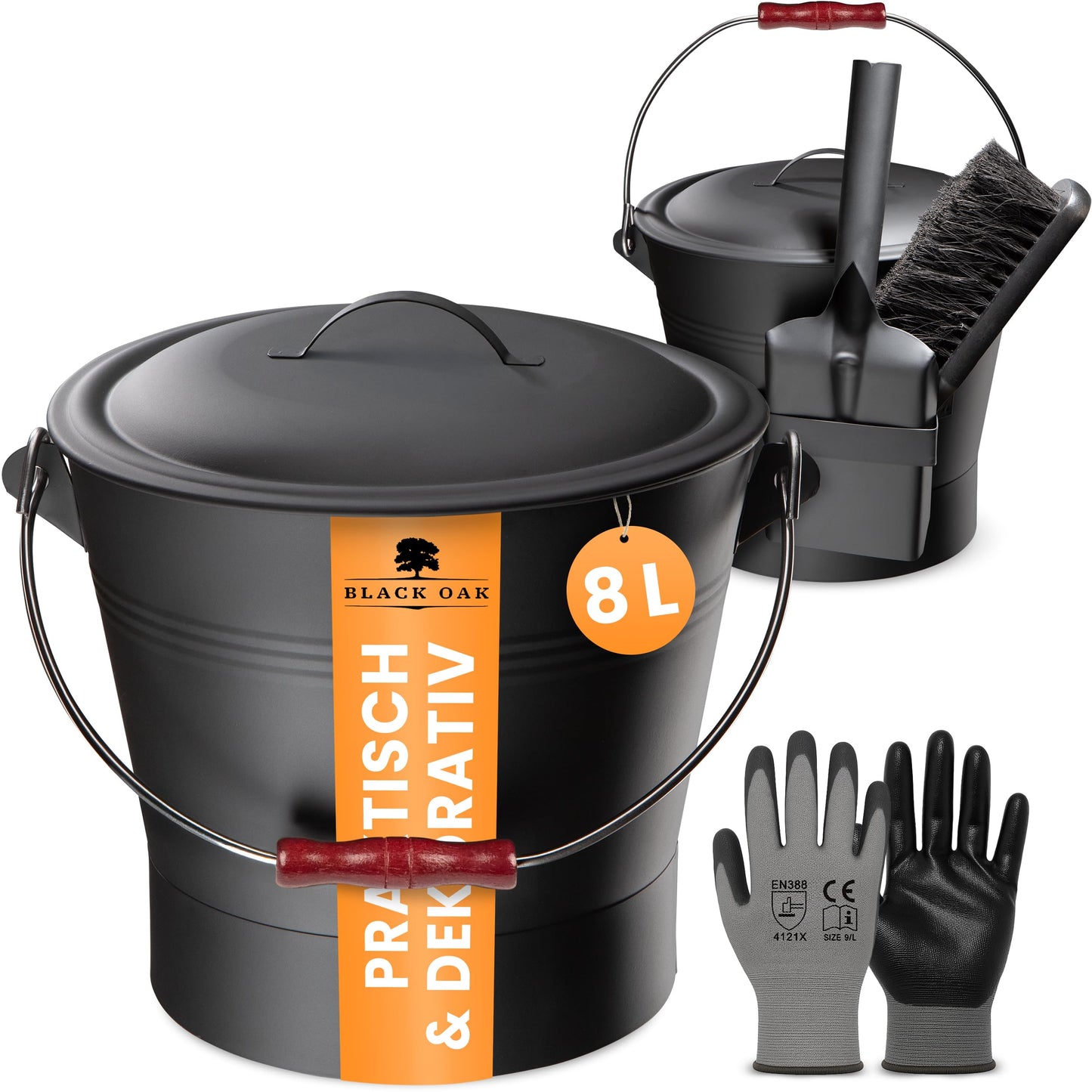 Ascheeimer-Set Lanin mit Kehrset & Handschuhen, Lanin 8L DUNKEL Eimer + Kehrset