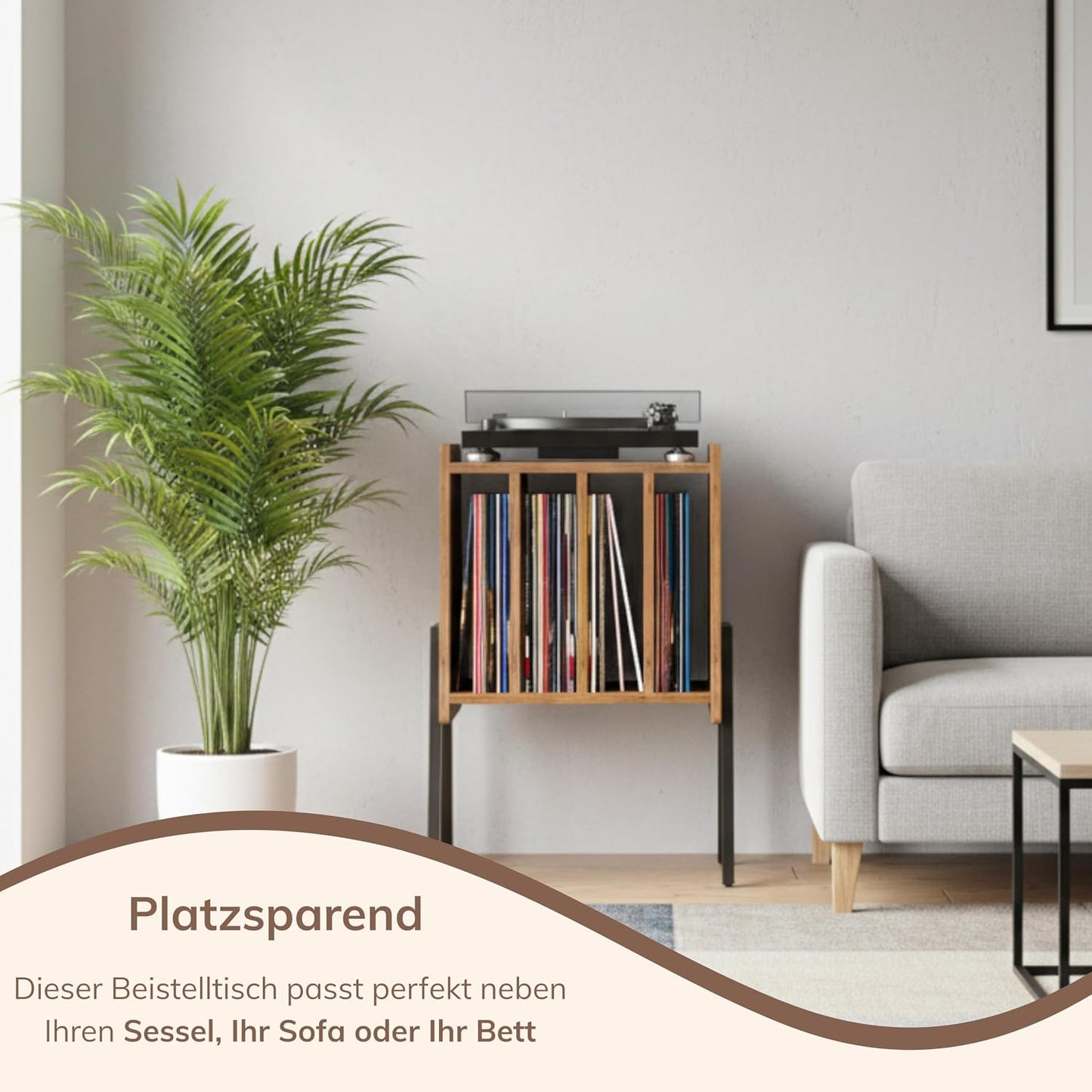 Plattenspielertisch mit 4 Fächern, Vintage Braun 40 x 30 x 66cm