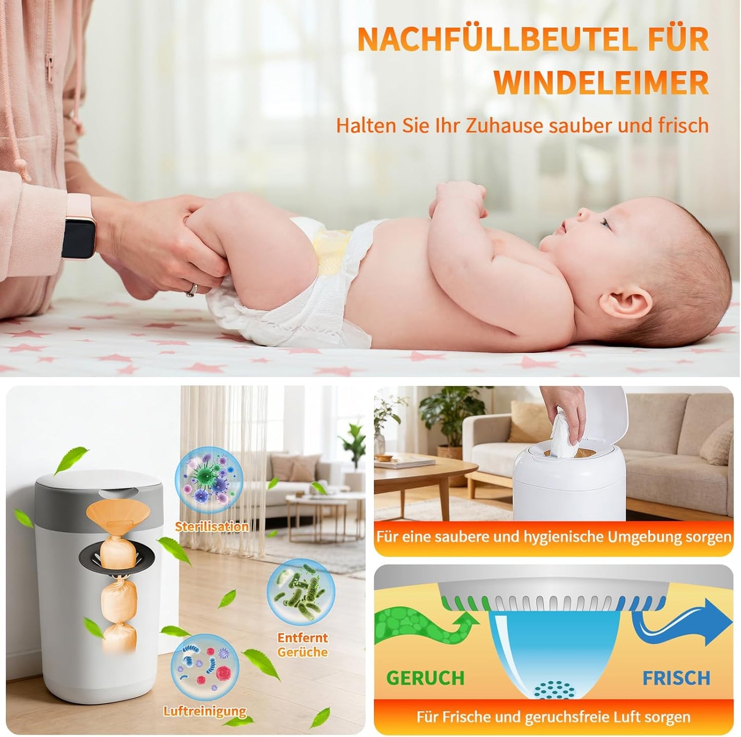 18er-Pack Nachfüllkassetten für Windeleimer, Orange-18 Stück