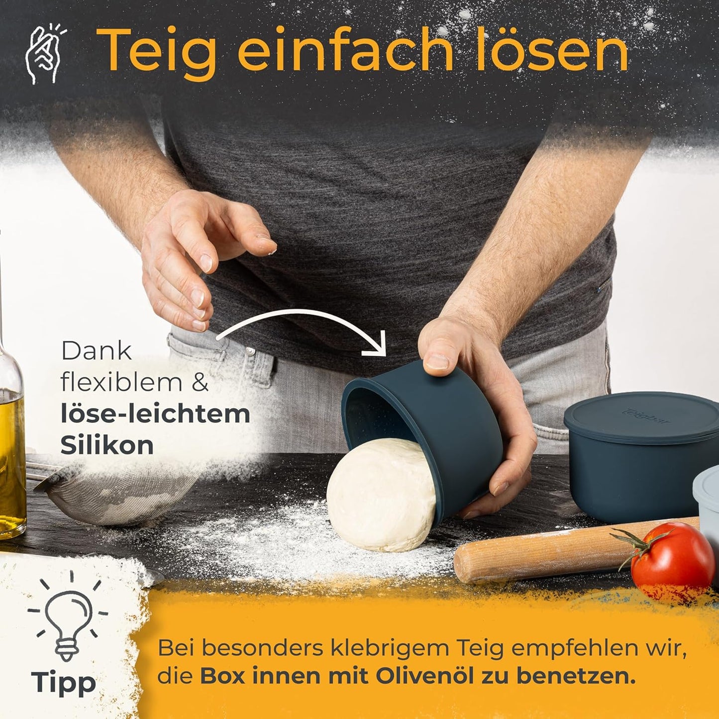 6er-Set Pizzaballenbox mit Deckel, Schwarz-grau 6er Set