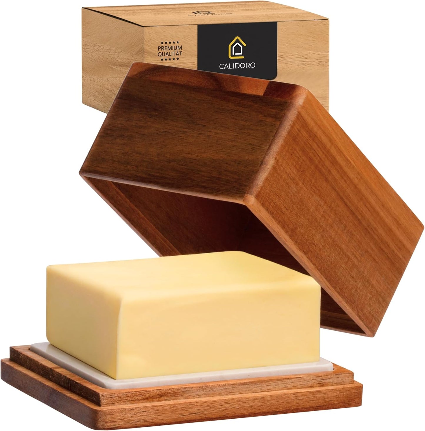 Butterdose aus Akazienholz mit Marmorplatte