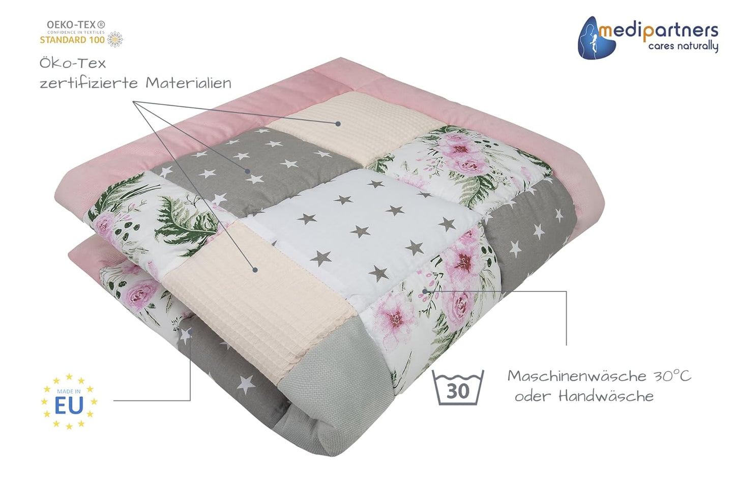 Krabbeldecke, 120x120cm Rosa Blumen