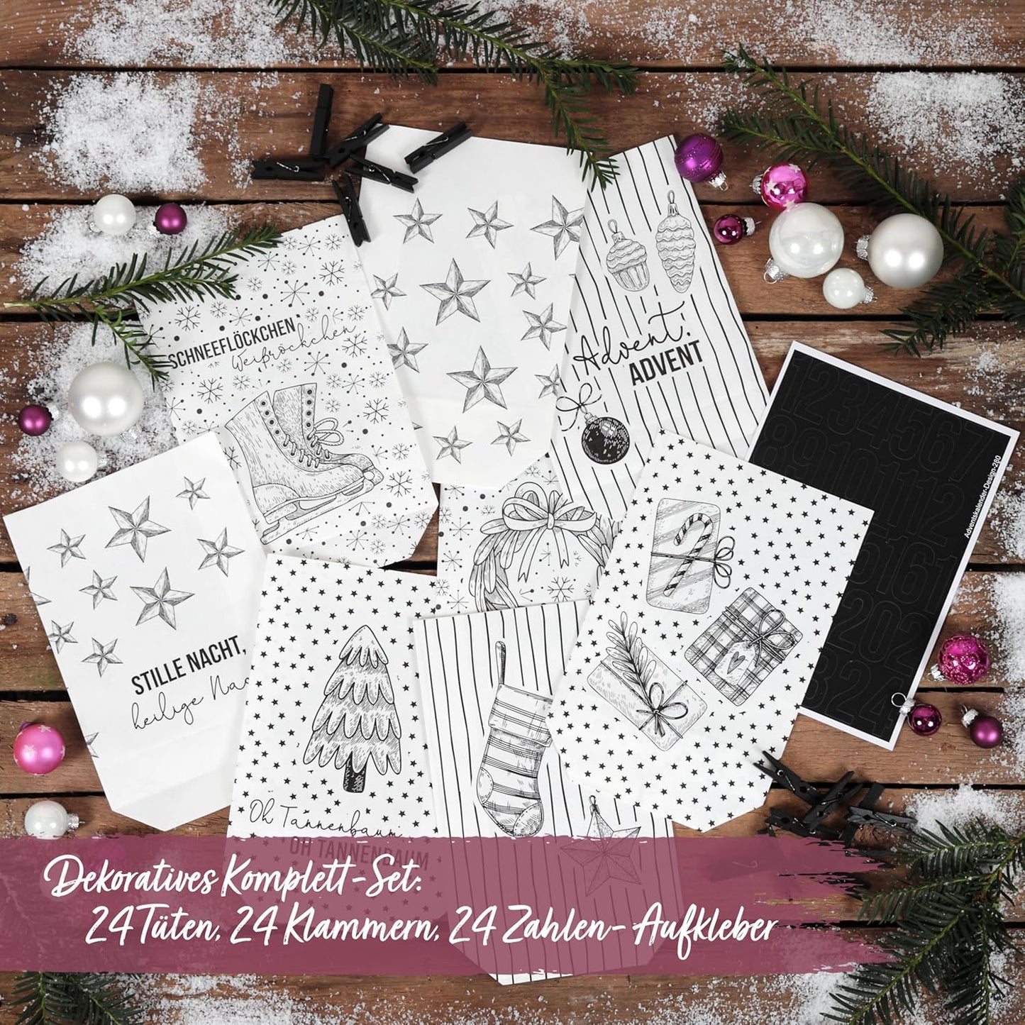 Adventskalender zum Befüllen mit 24 Tüten und Zahlenaufklebern, Weiss Schwarz