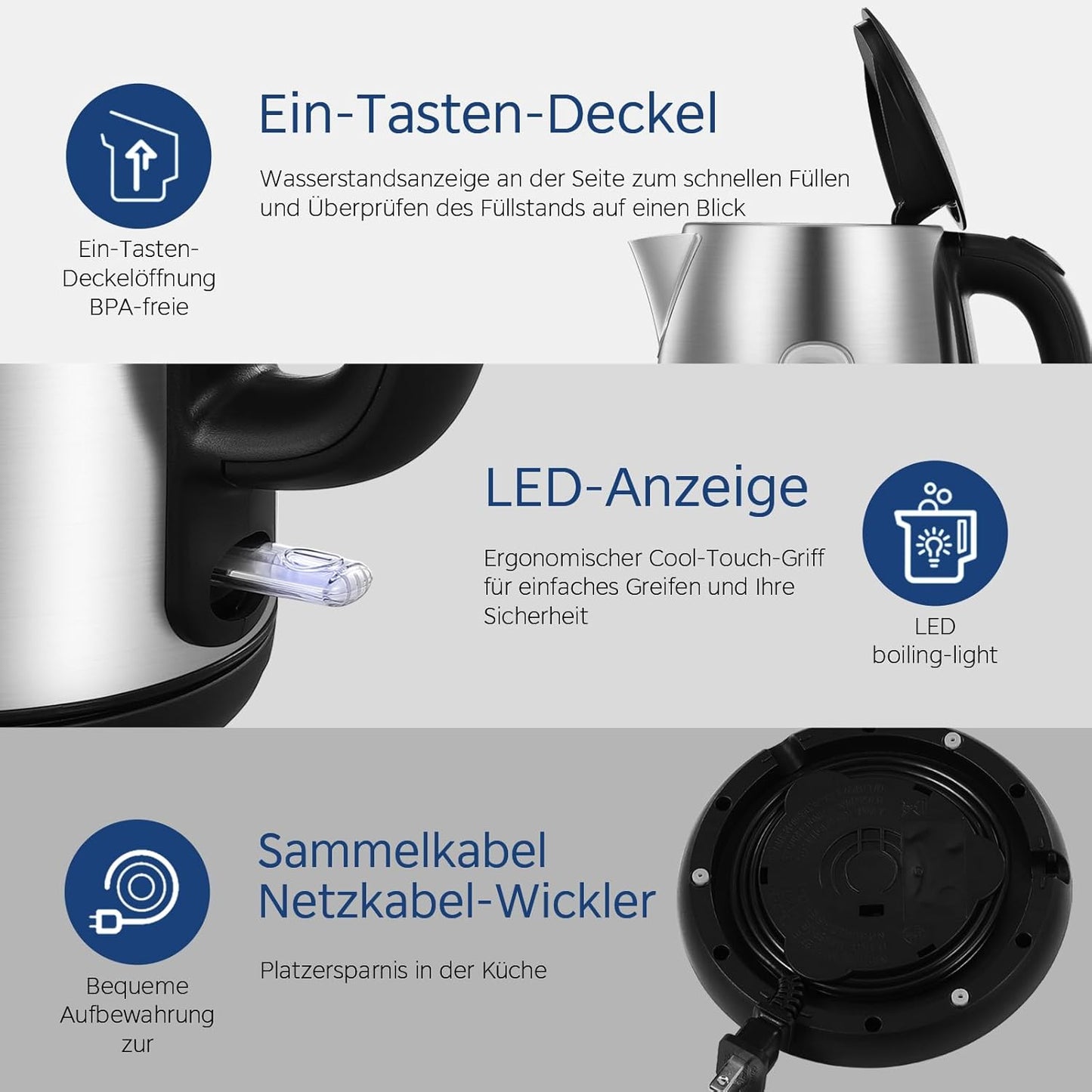 Wasserkocher mit Wasserstandsanzeige, Edelstahl 1.7 Liter