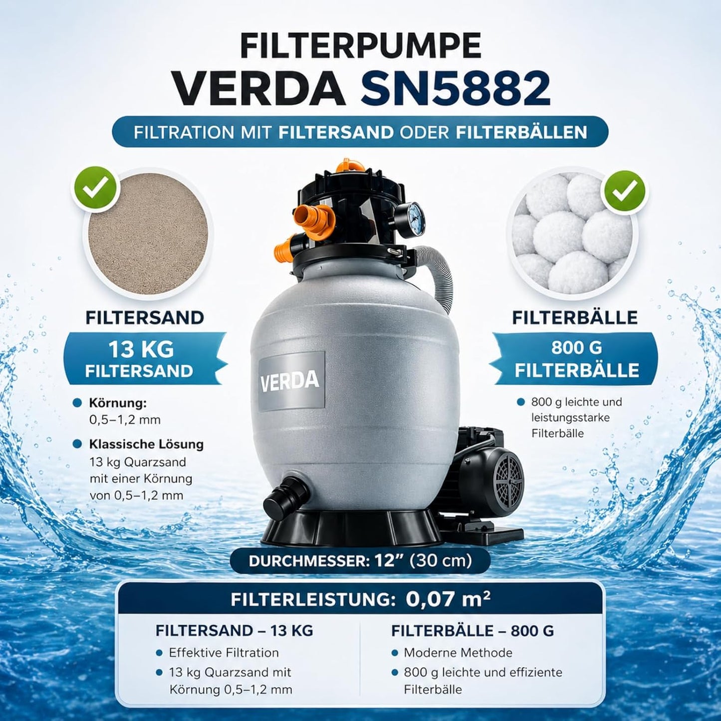 Sandfilteranlage Pumpe 10000 l/h mit Filterbällen, Pumpe 10 000 L/H