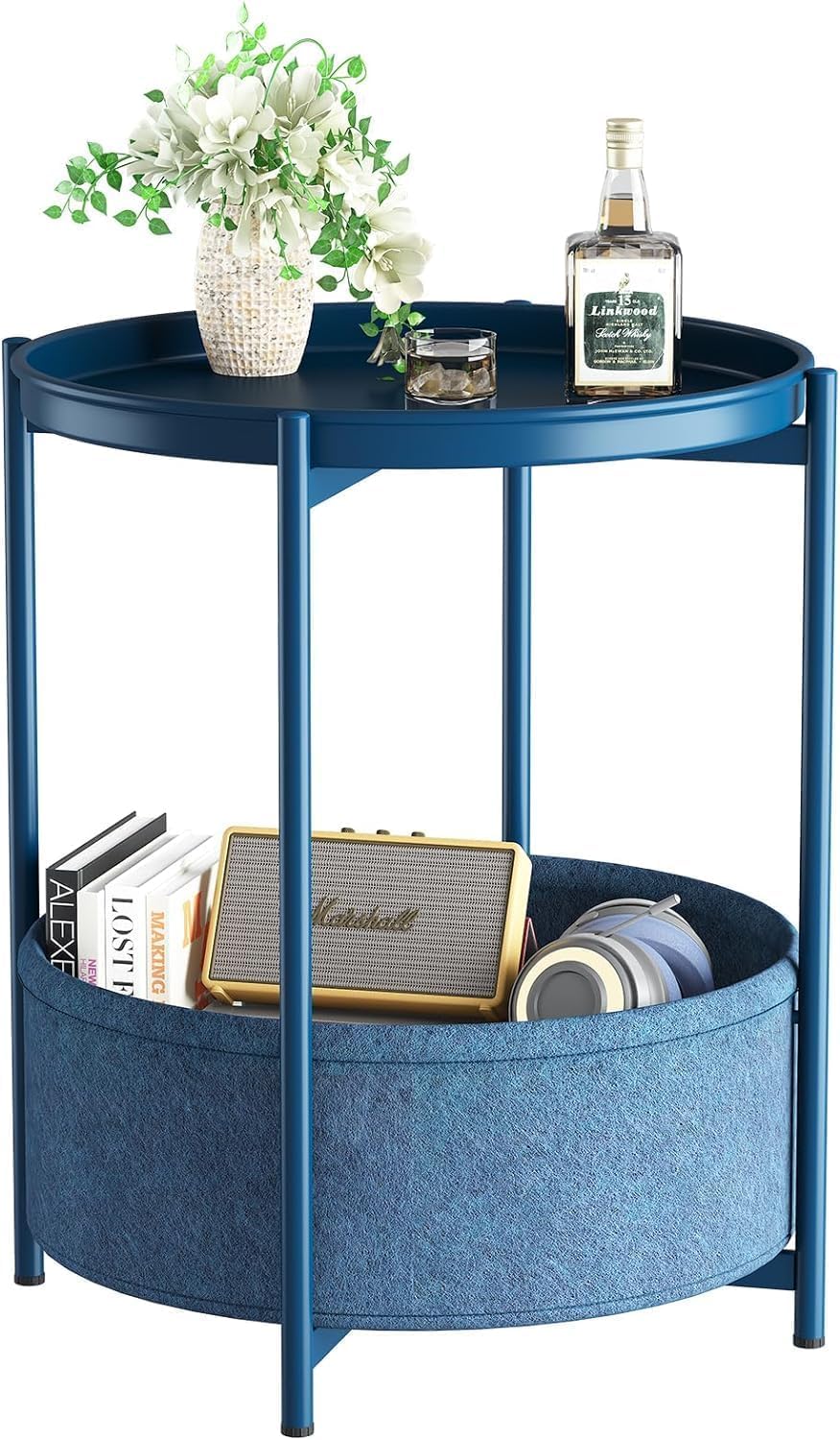 Runder Beistelltisch mit Stoffkorb, Blau
