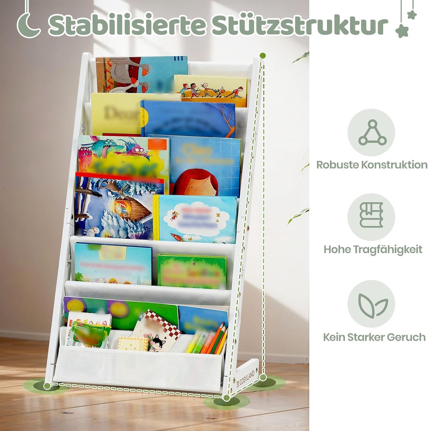 Kinder-Bücherregal aus Holz mit 6 Stofffächern, Weiss Medium