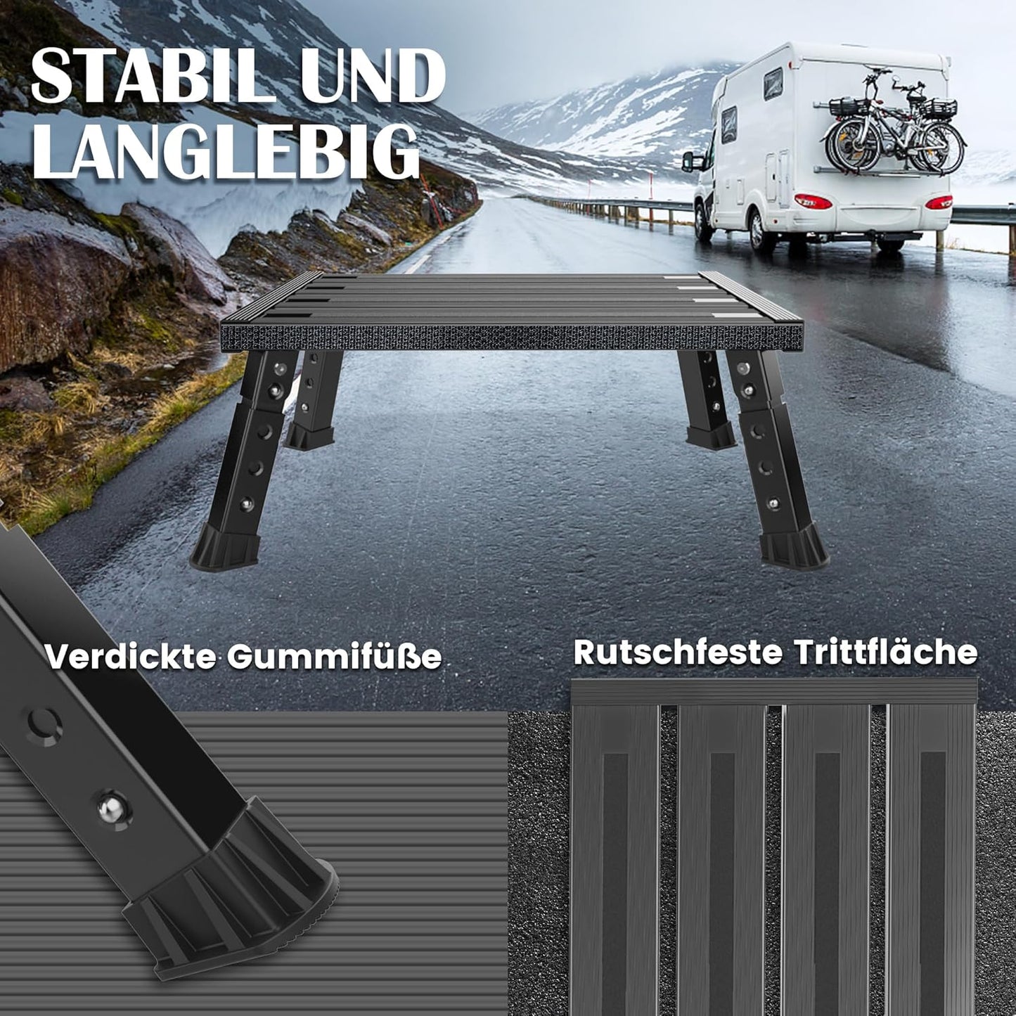 Klappbarer Hocker Höhenverstellbar mit Anti-Rutsch 350 kg, Mit Teppichbezügen / Schwarz