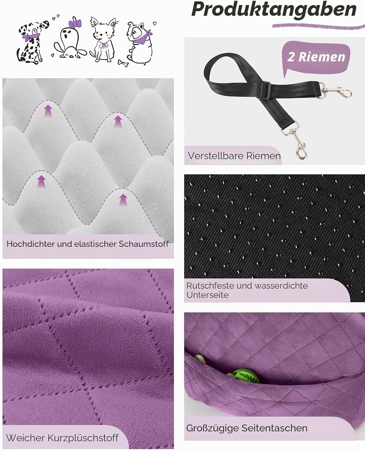 Hunde-Autositz mit Leine, Purple Medium