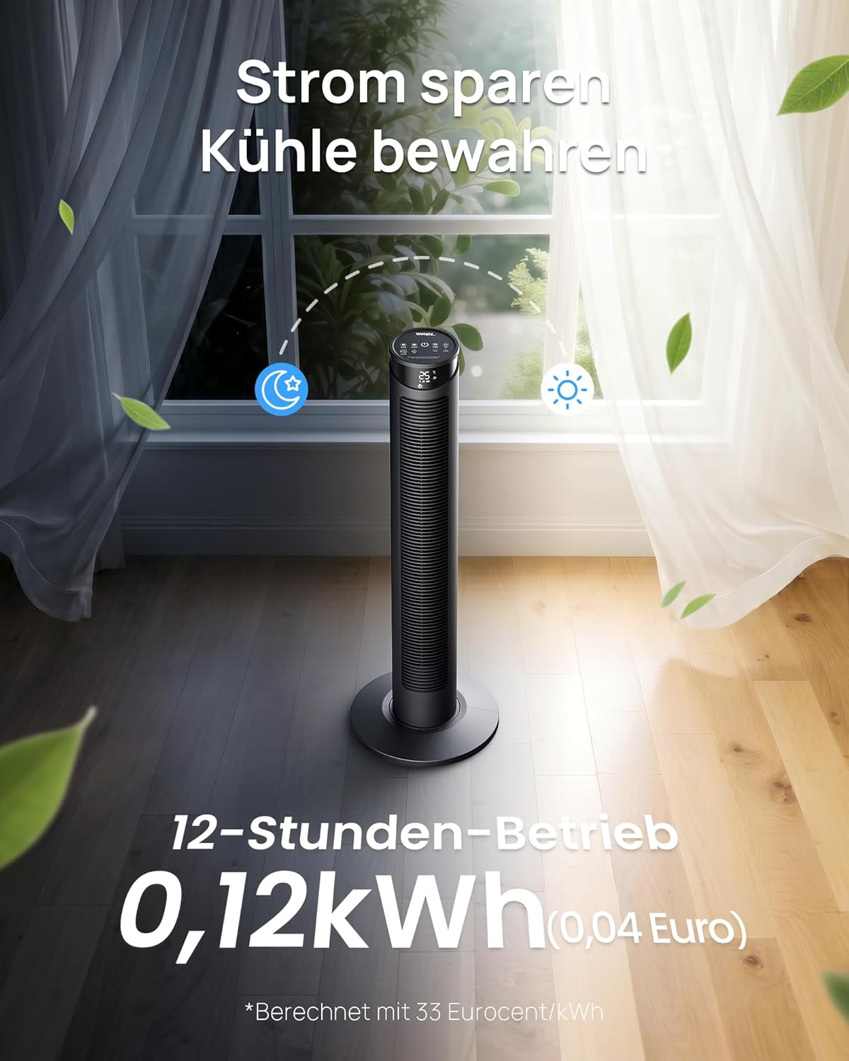Leiser Turmventilator mit Fernbedienung, 75° Oszillation, 93 cm