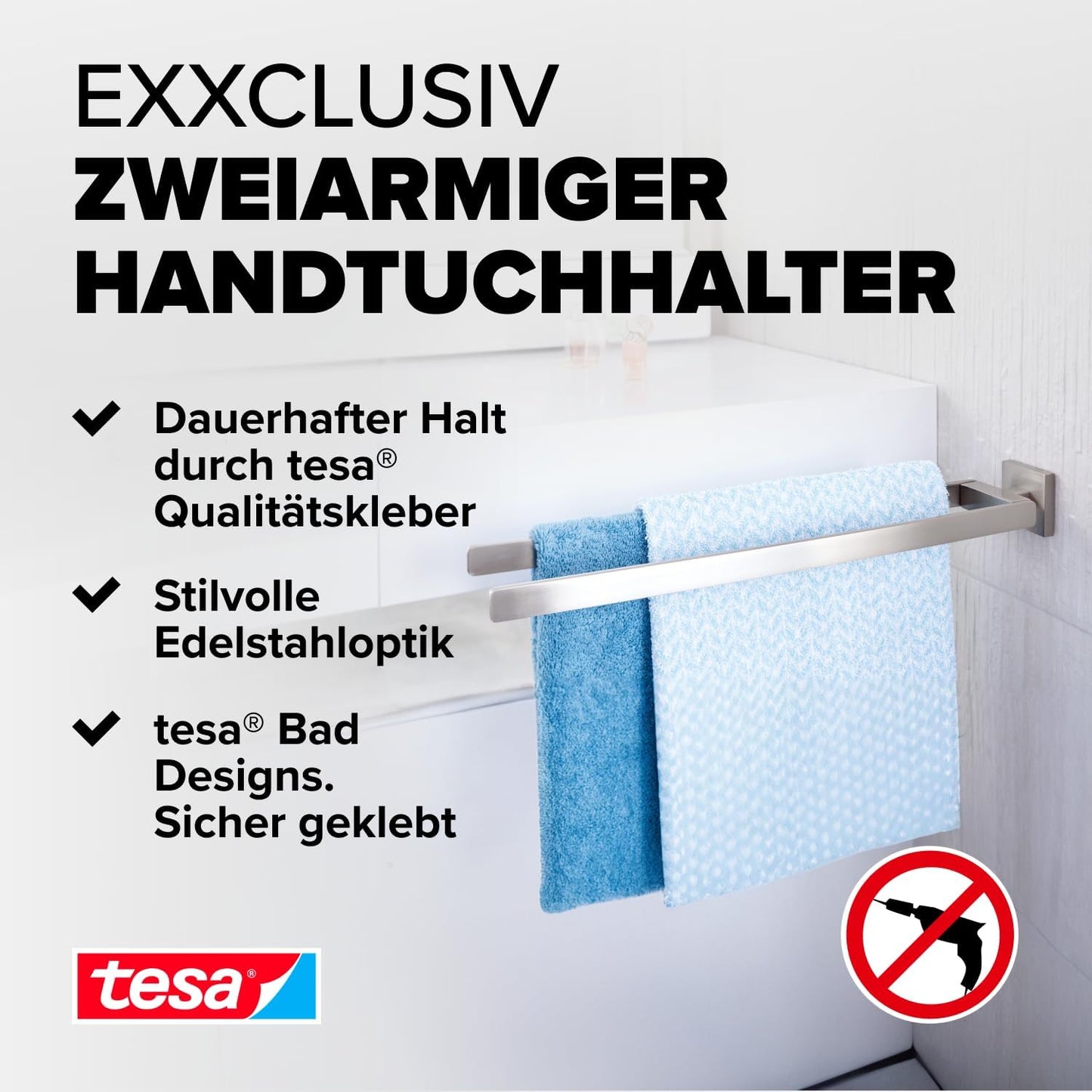 2-armiger Handtuchhalter Exxclusiv zur Wandbefestigung ohne Bohren, Handtuchhalter (2-armig)