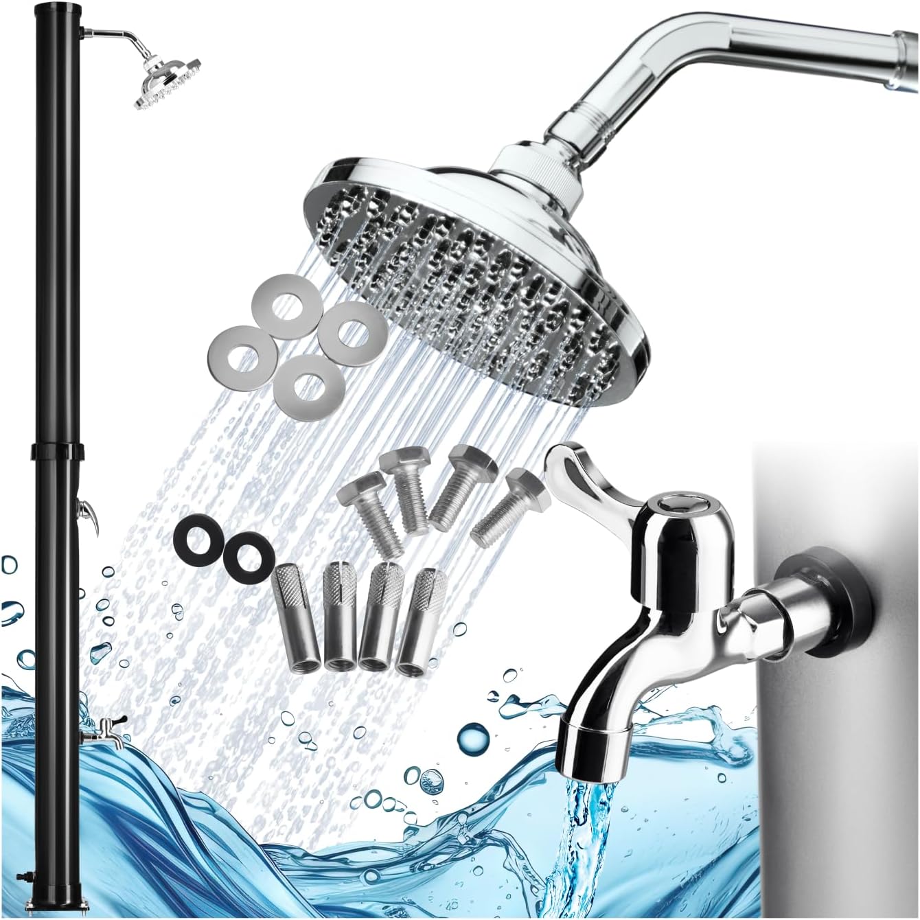 Solardusche mit grossem Duschkopf und Wasserhahn, 20 L Schwarz-Silber