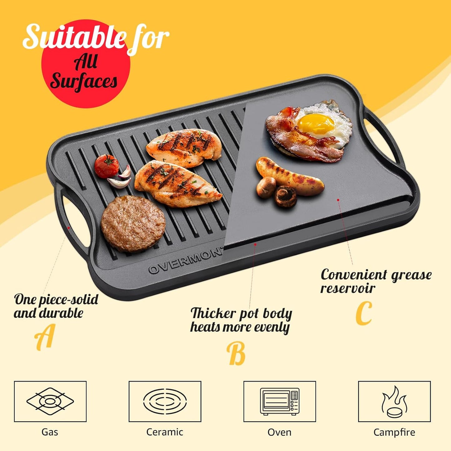 Gusseisen Grillplatte, 43,2 x 24,9 cm