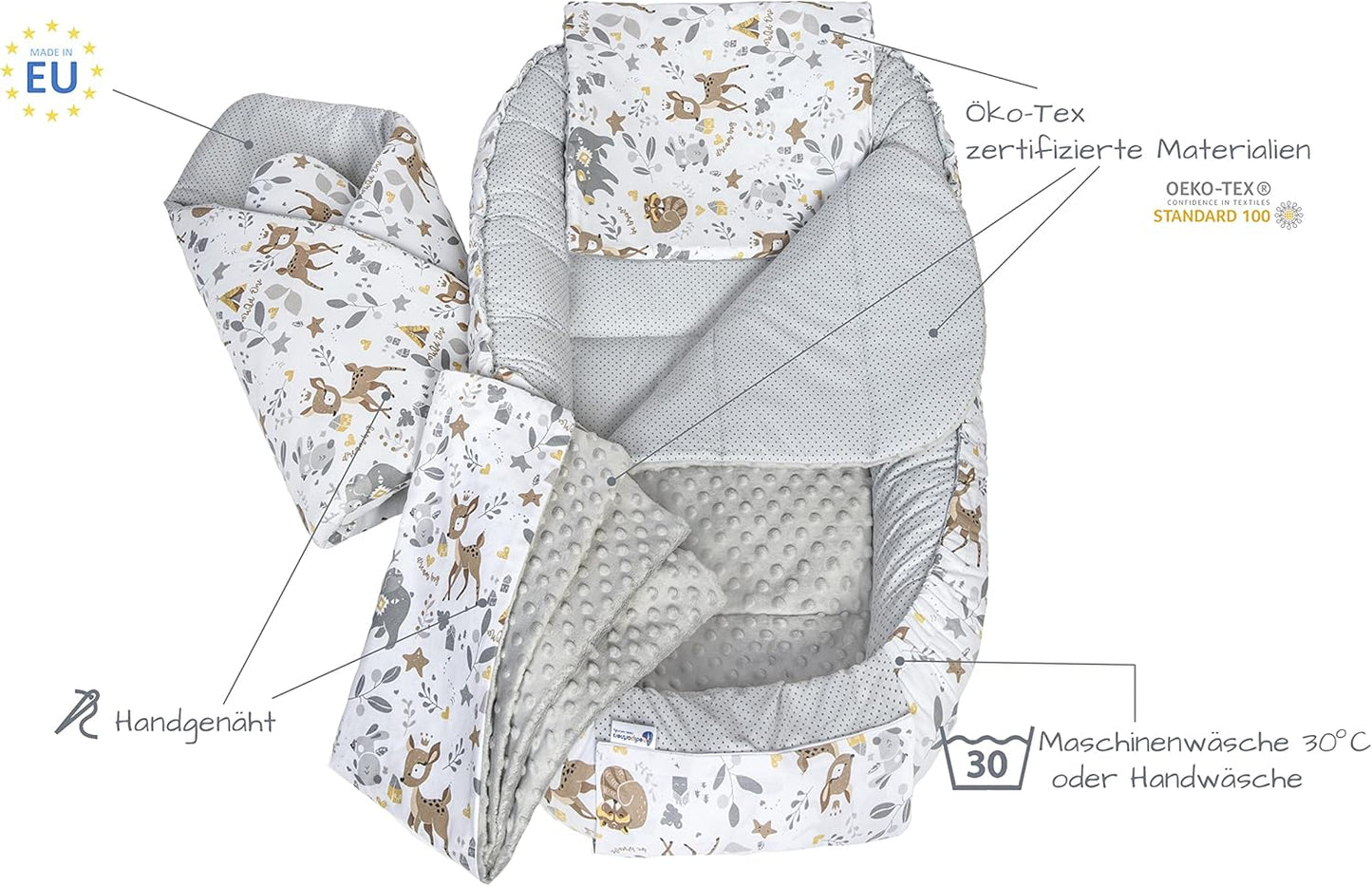 5-teiliges Babynest-Set, Reh mit Grauem Minky
