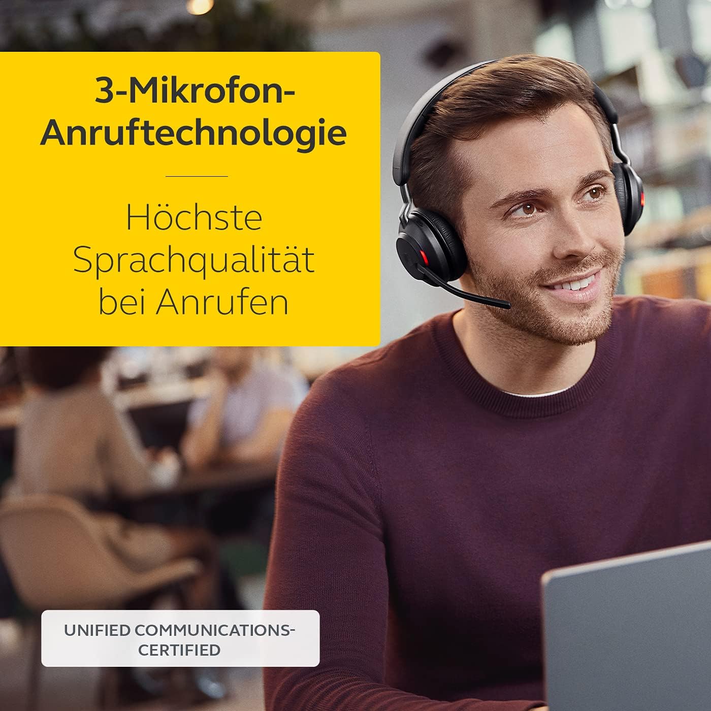 Kabelloses PC-Headset Evolve2 65 mit Geräuschunterdrückung, Stereo, USB-C Adapter, Schwarz, Stereo