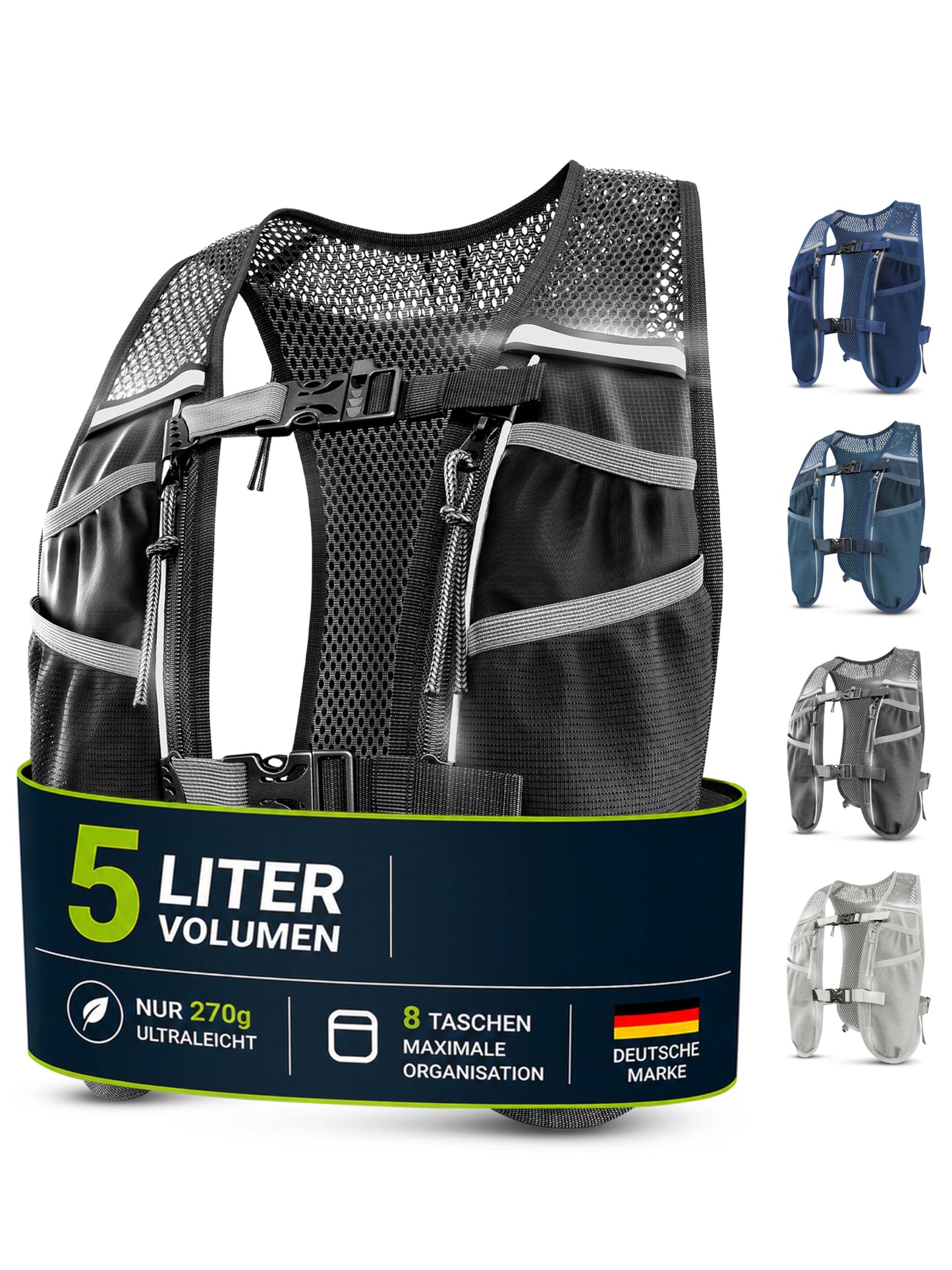 Ultraleichte Laufweste mit 8 Taschen, 5L - schwarz 5L