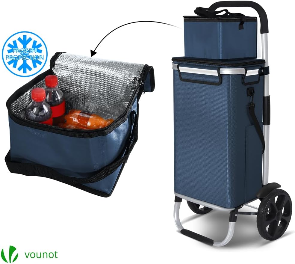Klappbarer Einkaufstrolley mit Kühlfach und Treppensteiger, 58L Marineblau