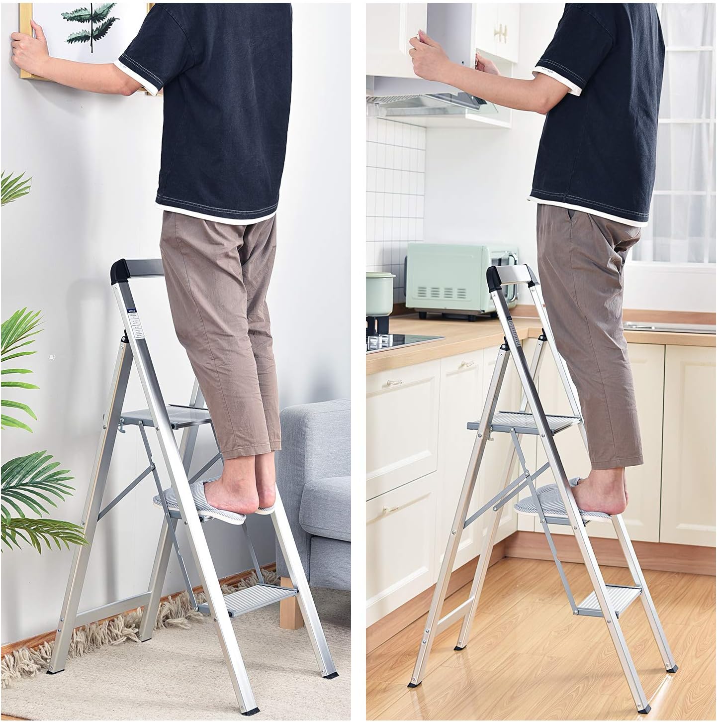 Klappbare Trittleiter mit Handlauf, Silber / 3 Stufen