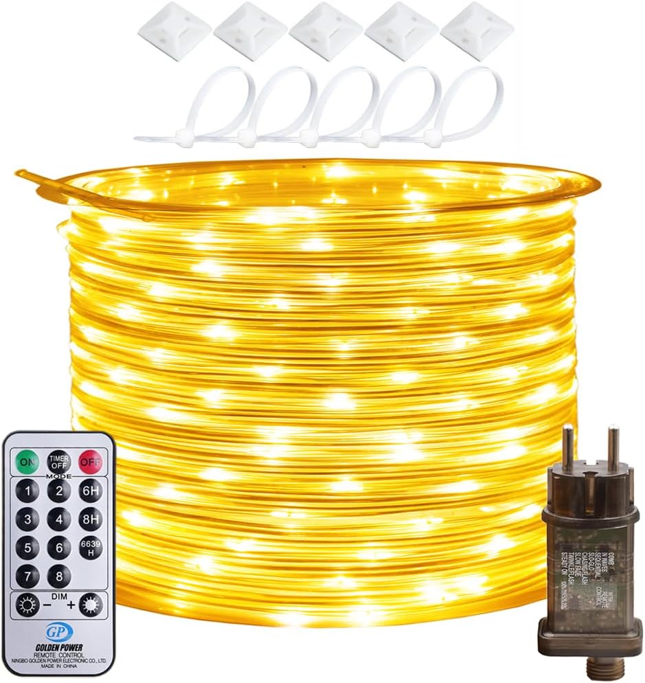 Lichterschlauch mit Fernbedienung & Timer, Warmweiß 10M 100LEDs Stecker