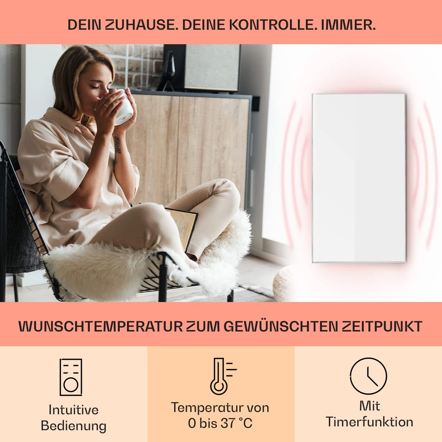 Infrarotheizung mit Thermostat & Fernbedienung, 60 x 100 cm Weiß - 60 X 100 Cm