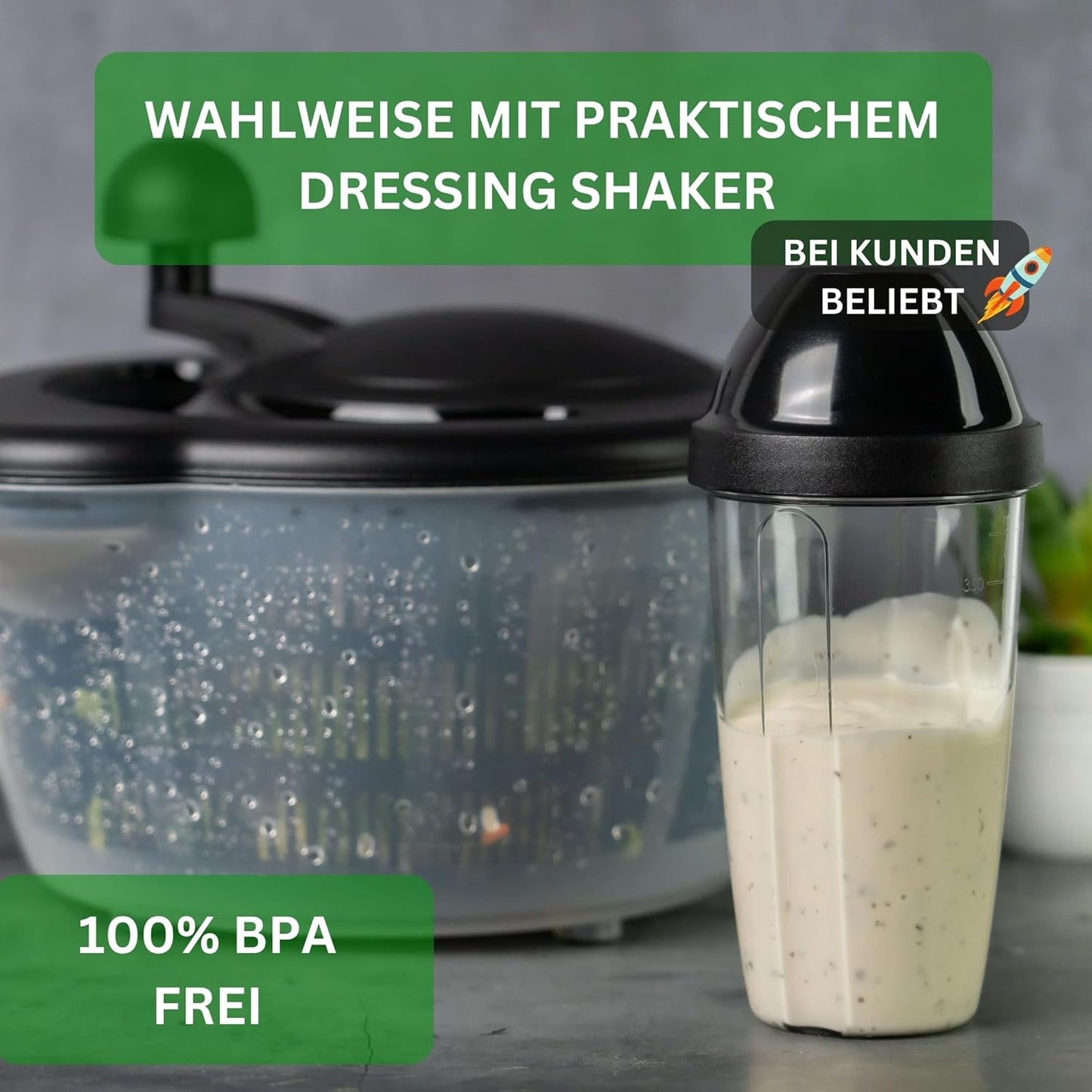 Salatschleuder mit 3D Kurbel, Salatschleuder Schwarz 4,5L Volumen