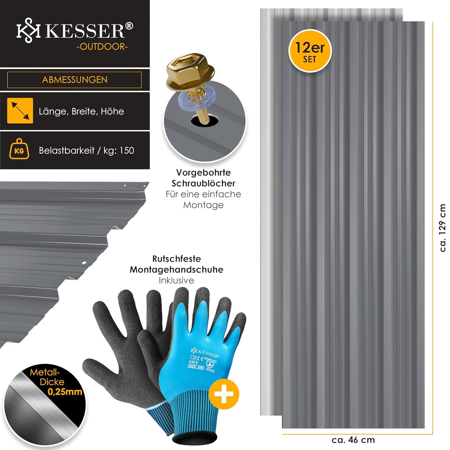 Trapezblech-Set für 7 m², Grau ; 129x45cm / 12 Stück