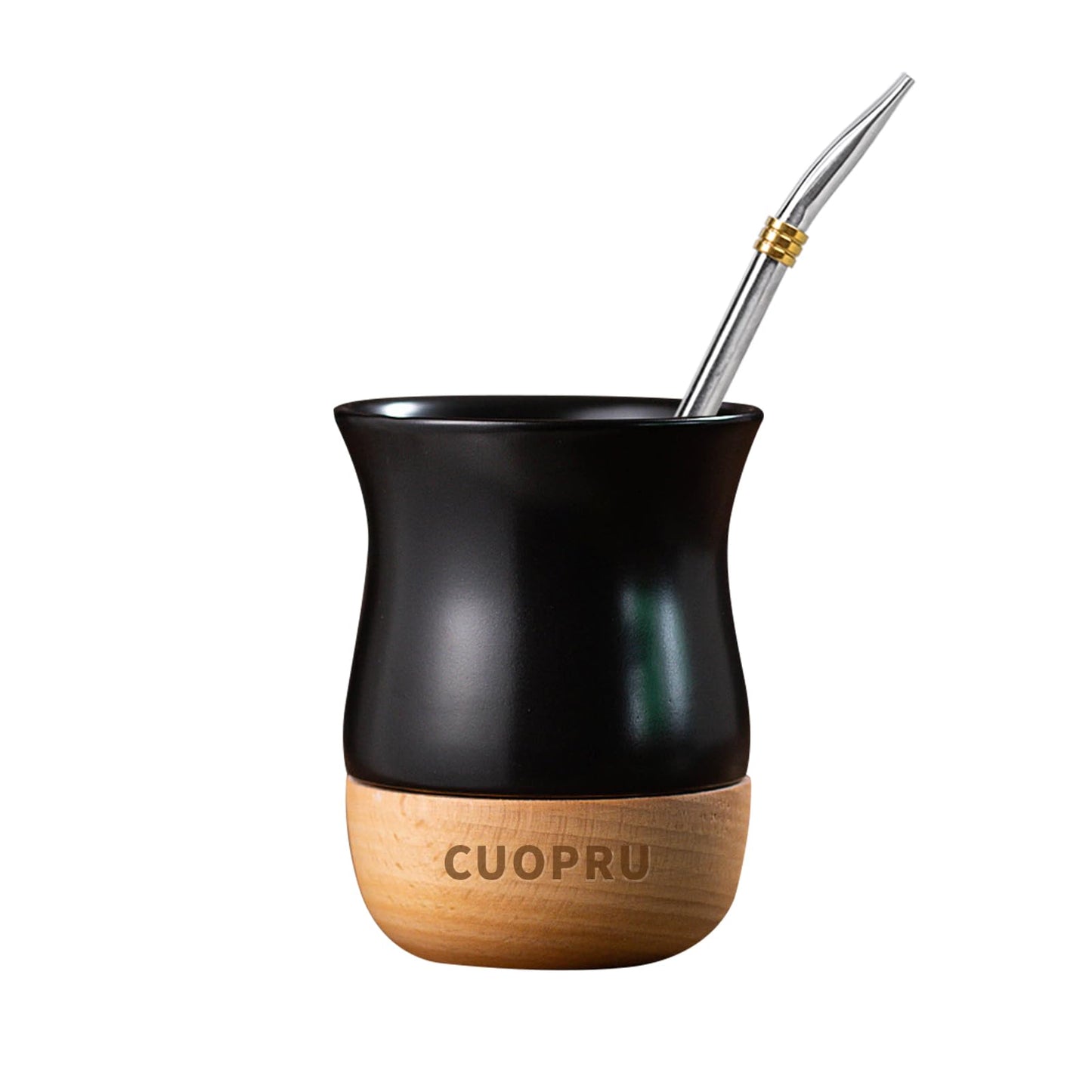 Yerba Mate Keramiktasse mit Holzsockel, Schwarz