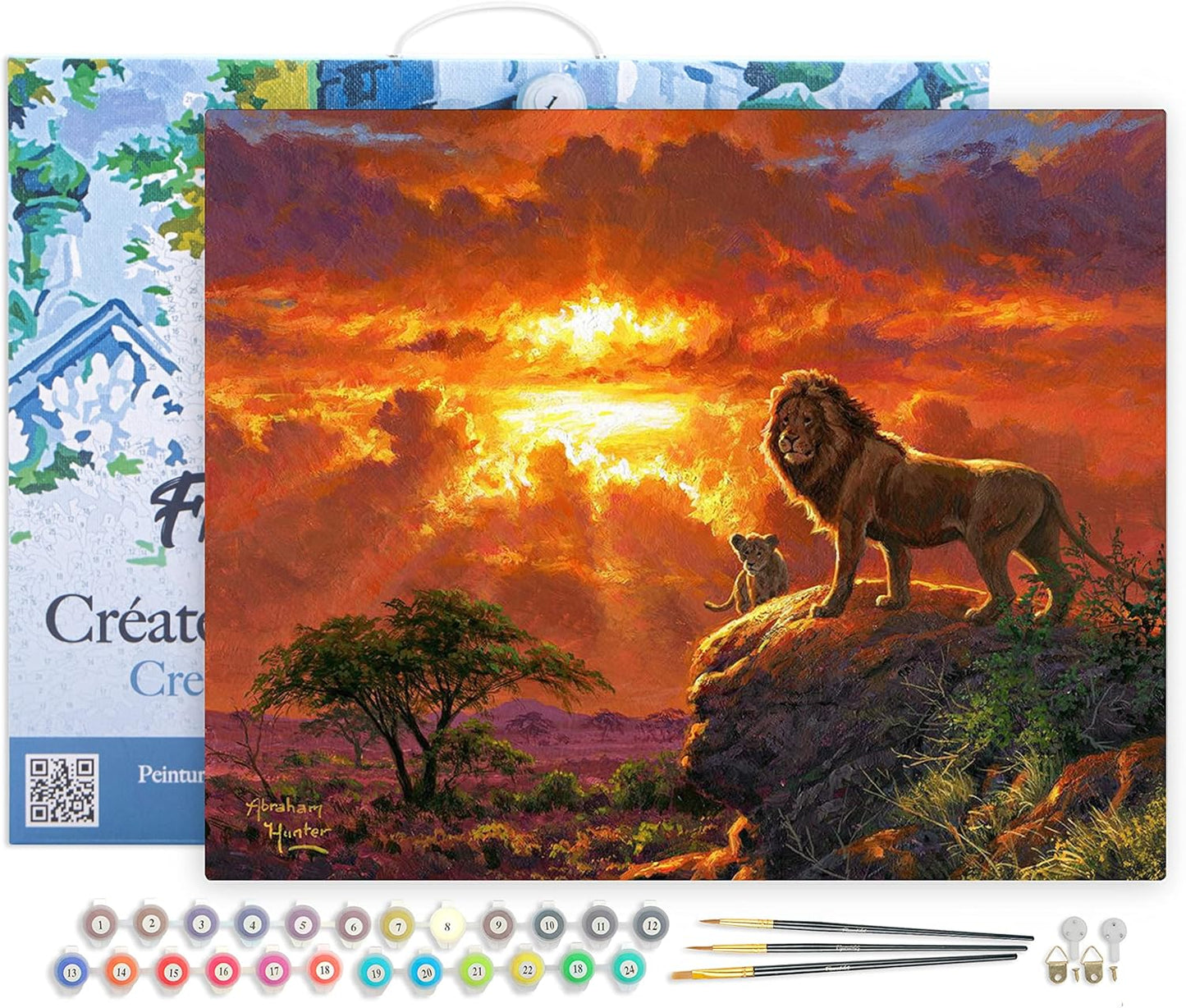 Malen nach Zahlen Set Löwe Sonnenuntergang, Löwe und Sonnenuntergang 40x50cm Mit Rahmen (bereits gespannt)