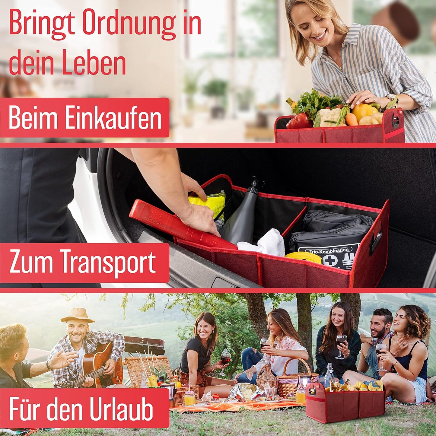 Faltbare Kofferraumtasche mit Anti-Rutsch-Klett, Rot