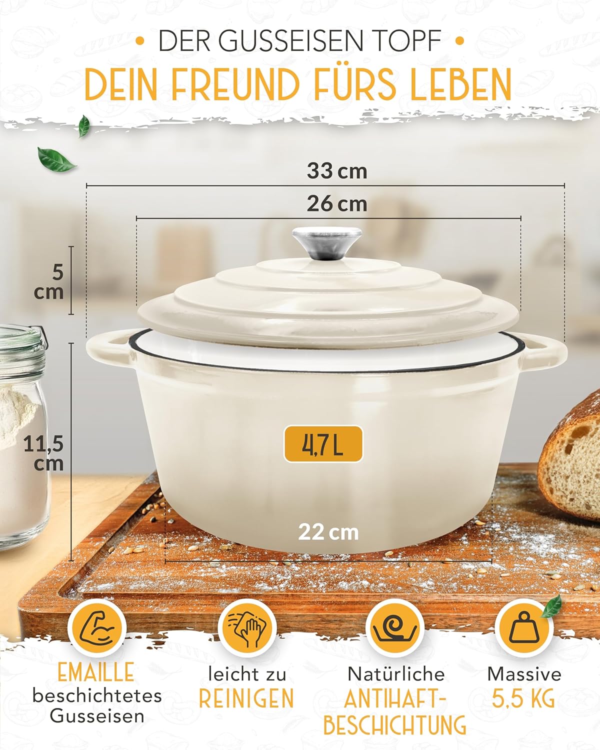 Schmortopf mit Deckel, Emaille Topf 4,7l - Creme - Einzeln