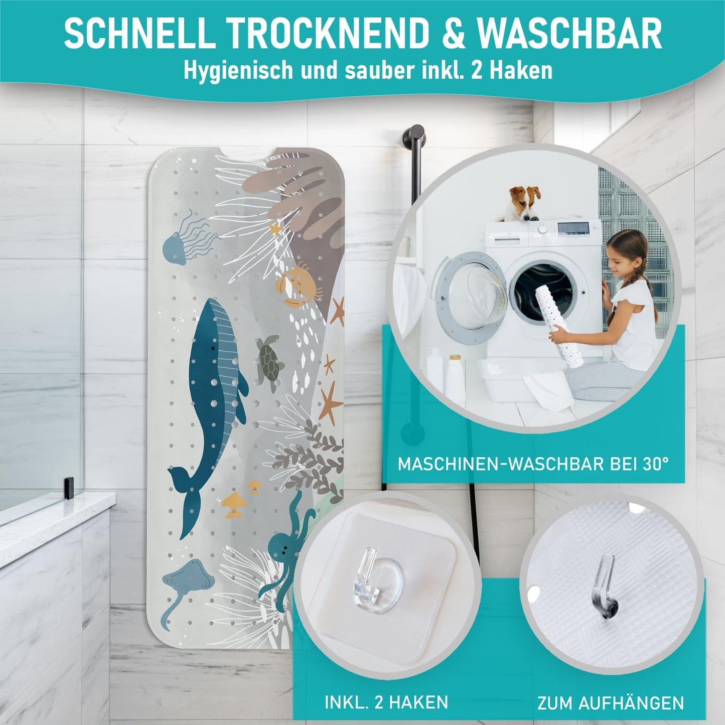 Rutschfeste Badewannenmatte, 100x40 cm, Badewannenmatte Wasserwelt Grau