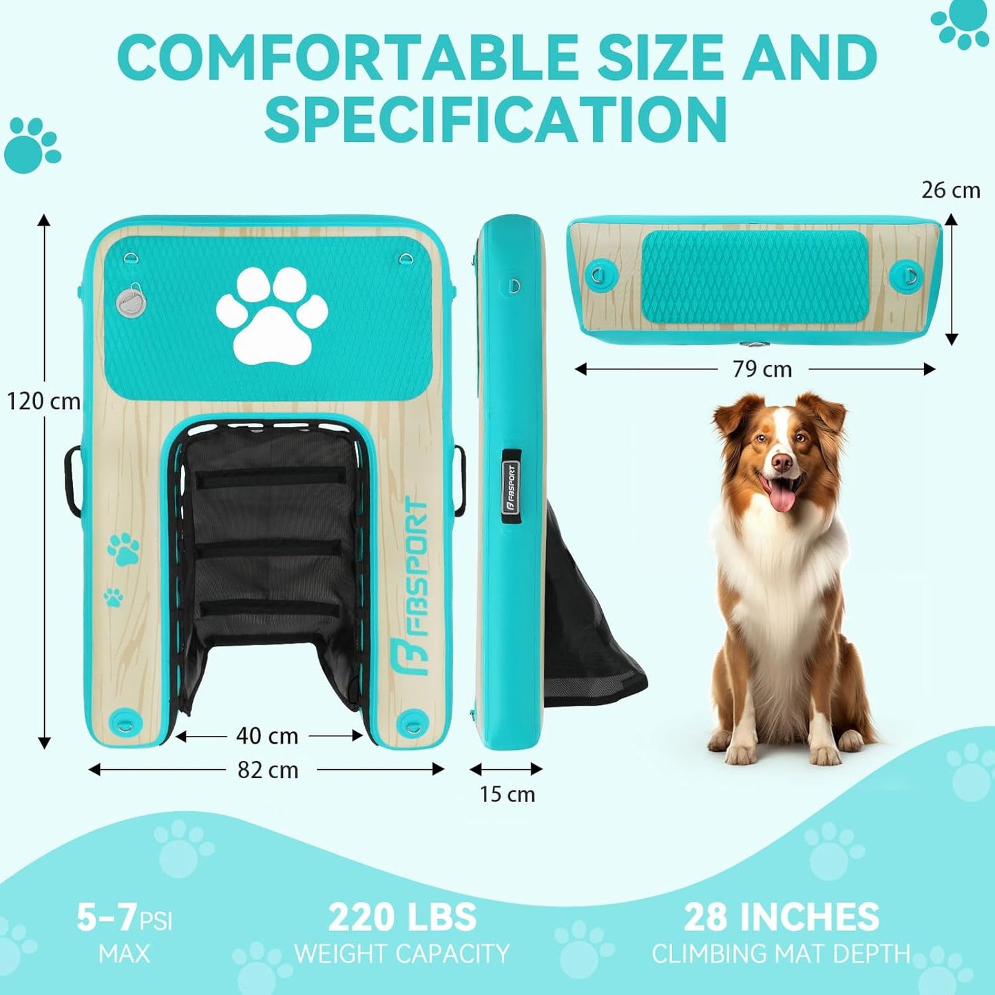 Aufblasbare Wasserrampe für Hunde, Seeblau Beige