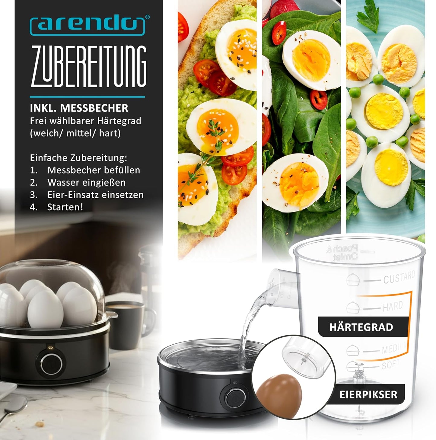 Eierkocher mit Einsätzen für pochierte Eier & Omelette, B: Schwarz