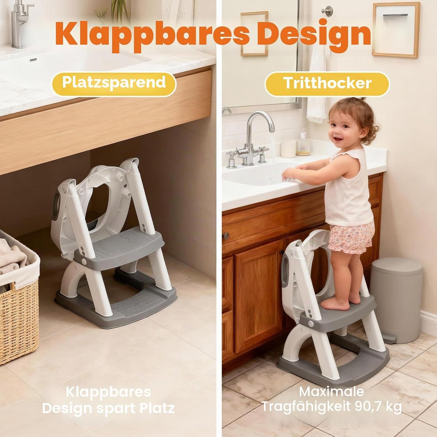 2-in-1 Toilettenaufsatz mit Treppe für Kinder, Grau-8898