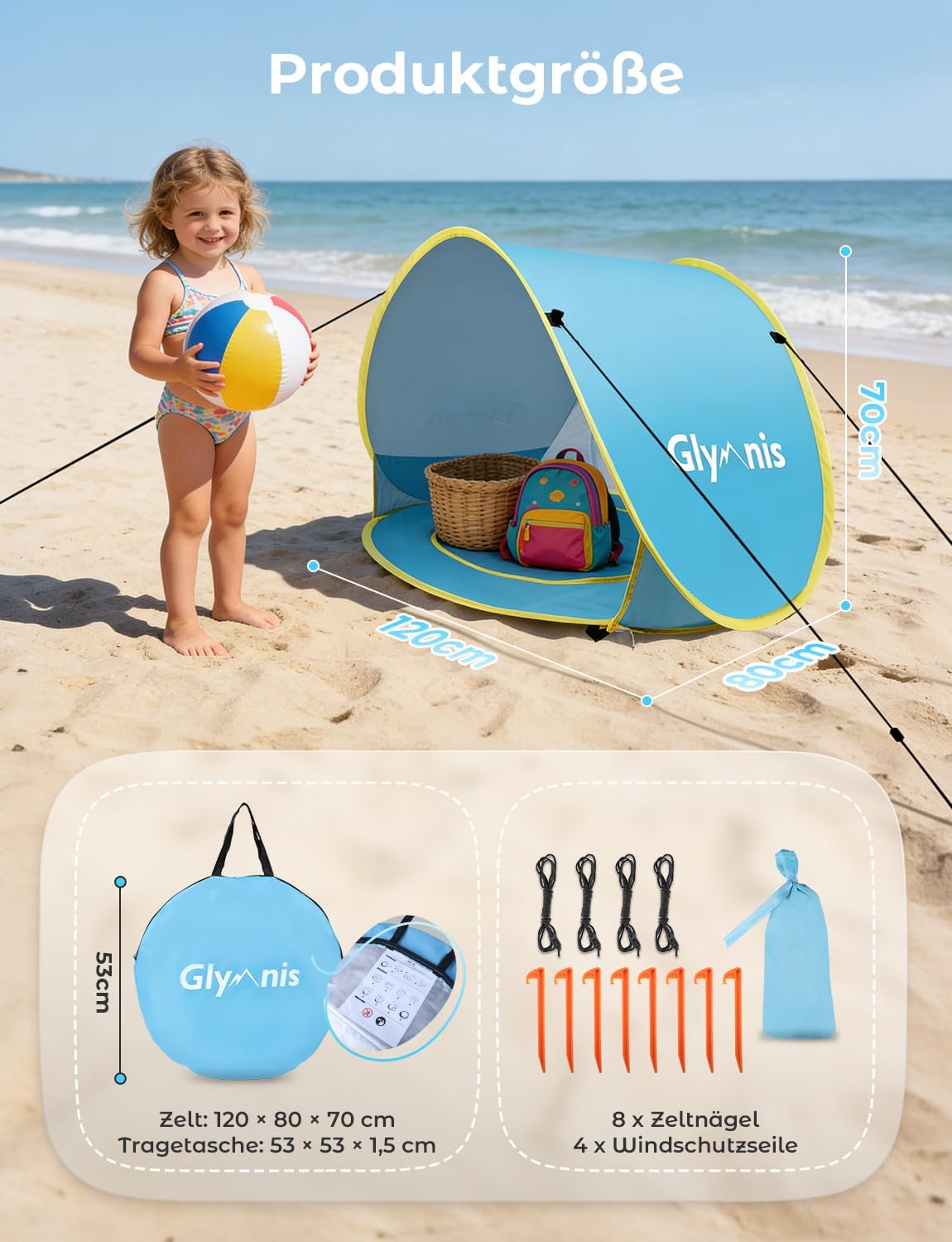 Pop-up Babystrandzelt mit UV-Schutz und Mini Pool, Babyzelt(Blau)