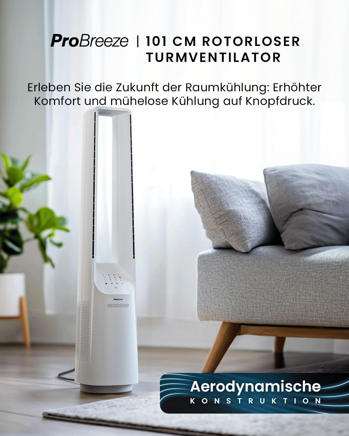 Rotorloser Smart Home Turmventilator mit WLAN, LED Display, Smart App Weiß