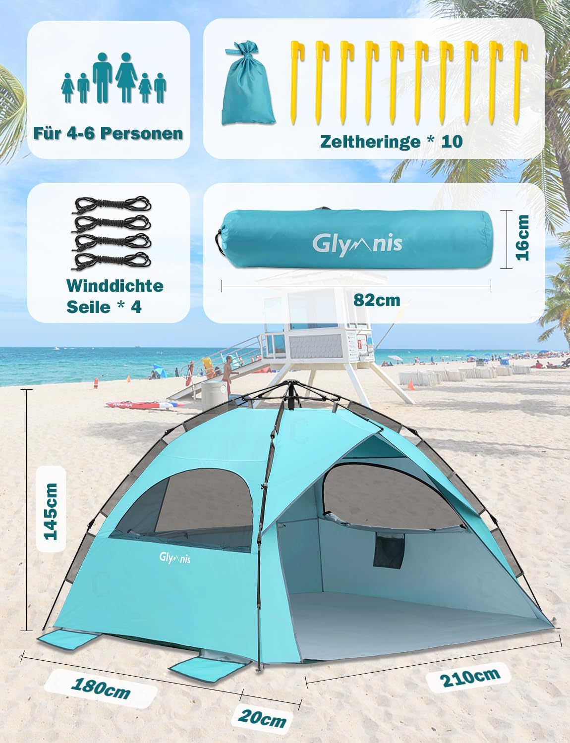 Quick-Up Strandmuschel mit UV-Schutz 50+ für 4-6 Personen, Blau mit silbernem Vinyl