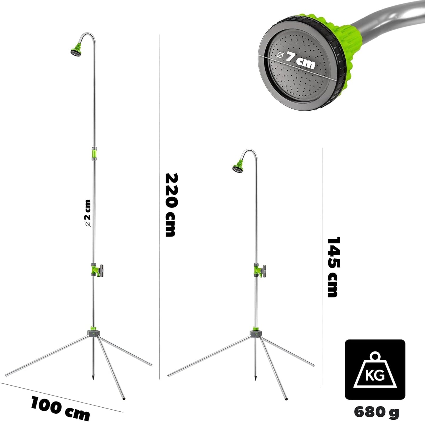 Höhenverstellbare Aussendusche für Garten & Camping, H: 145-220 cm Silber/Grün