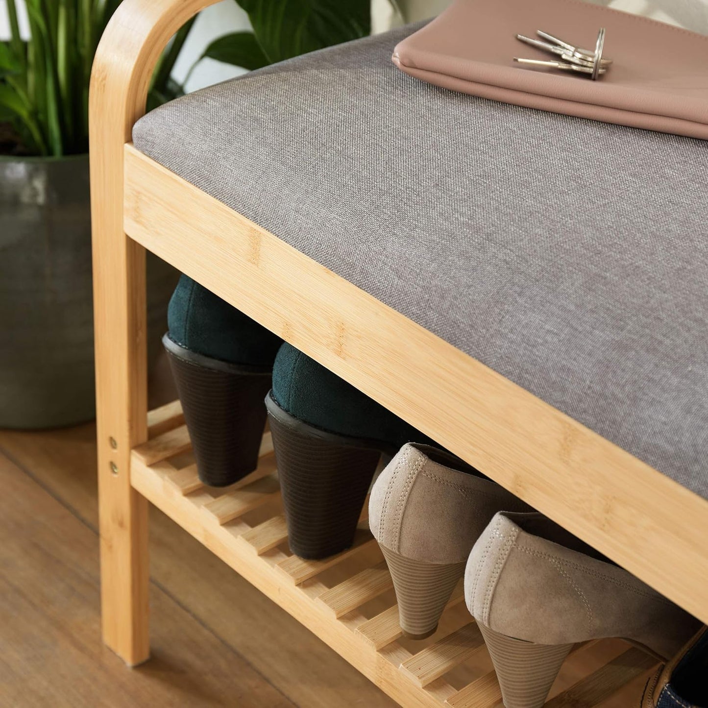 Schuhregal mit Sitzbank aus Bambus (2 Etagen), 2 Etagen (90 x 50 x 30 cm)
