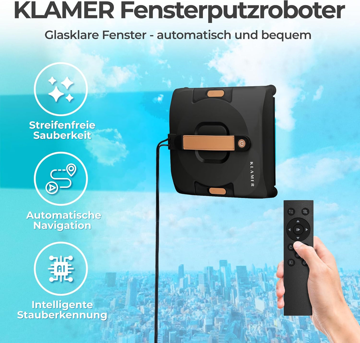 Fensterputzroboter, Kompakter Fensterroboter mit automatischer Kanten-Erkennung, Schwarz