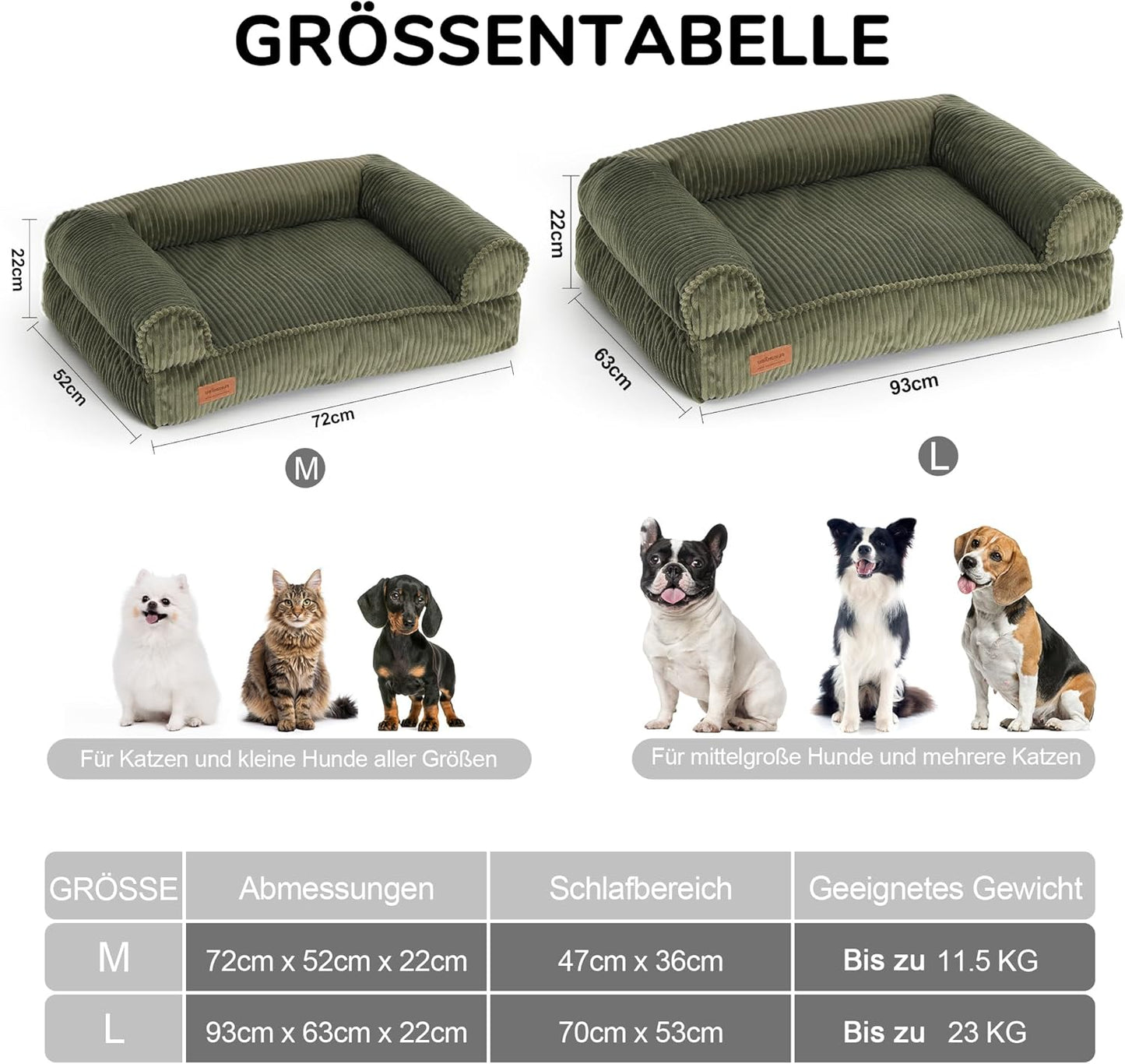 Gemütliches Katzensofa mit waschbarem Bezug, L 72cm x B 52cm x H 22cm Grün