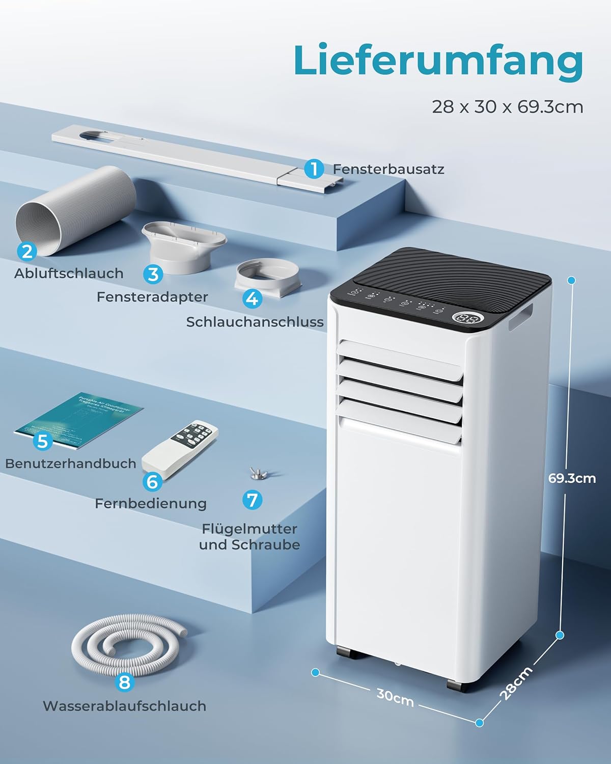 4-in-1 mobile Klimaanlage mit Abluftschlauch, 9.000 BTU