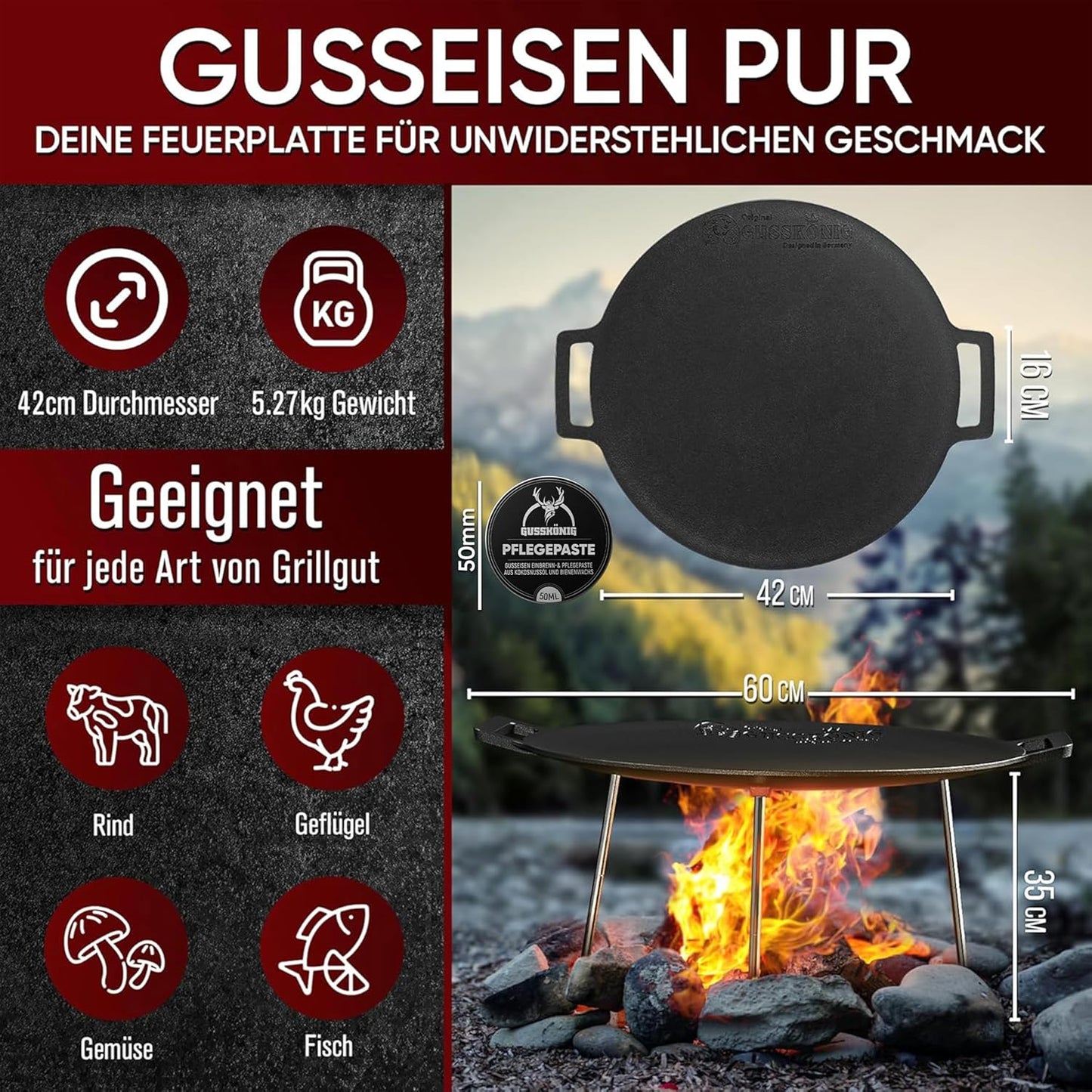Grillplatte mit Dreibein und Pflegepaste, Gusseisen Grillplatte Ø 42cm Mit Pflegepaste