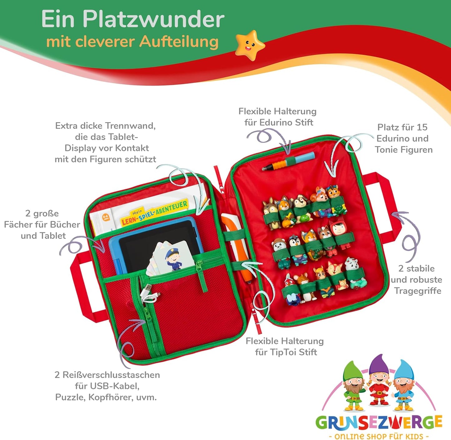 Tasche für Edurino, Tonie & TipToi Zubehör, Felix Feuerwehrmann (Grün)