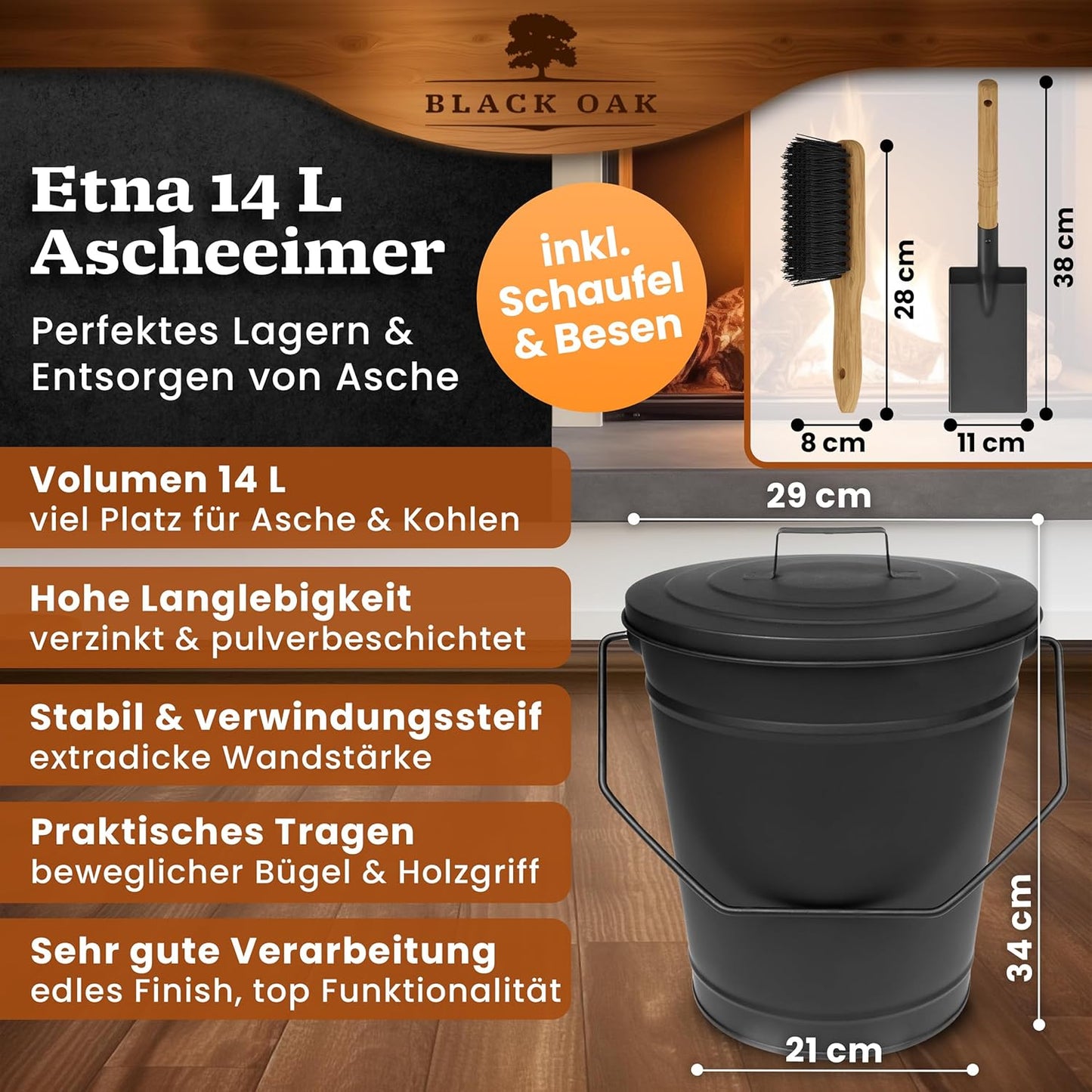 Ascheeimer-Set Etna, Etna 14L (mit Kehrgarnitur: Feger & Schaufel) Schwarz
