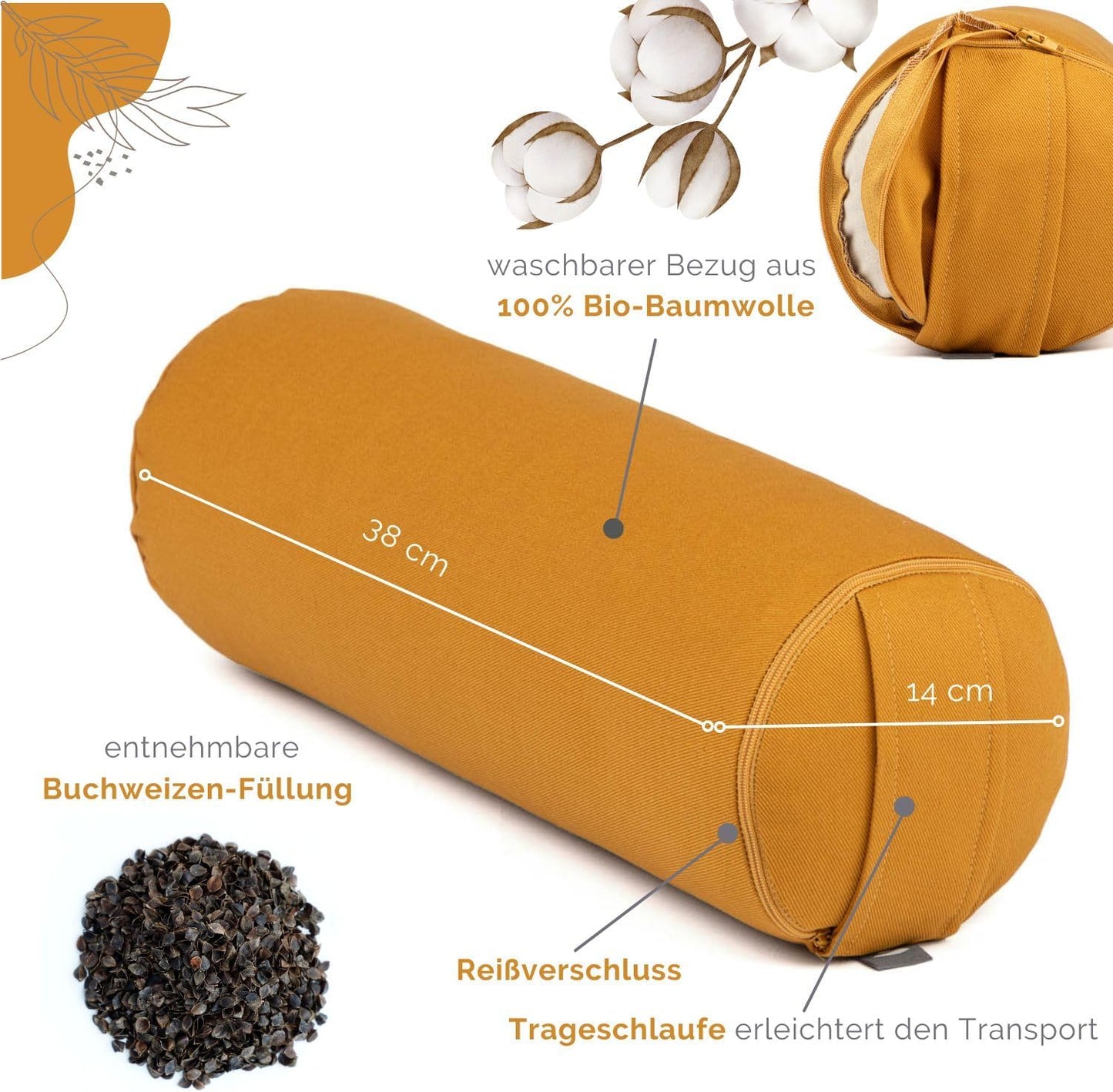 Mini Yogabolster mit Buchweizenfüllung und abnehmbarem Bezug, Honig-Gelb