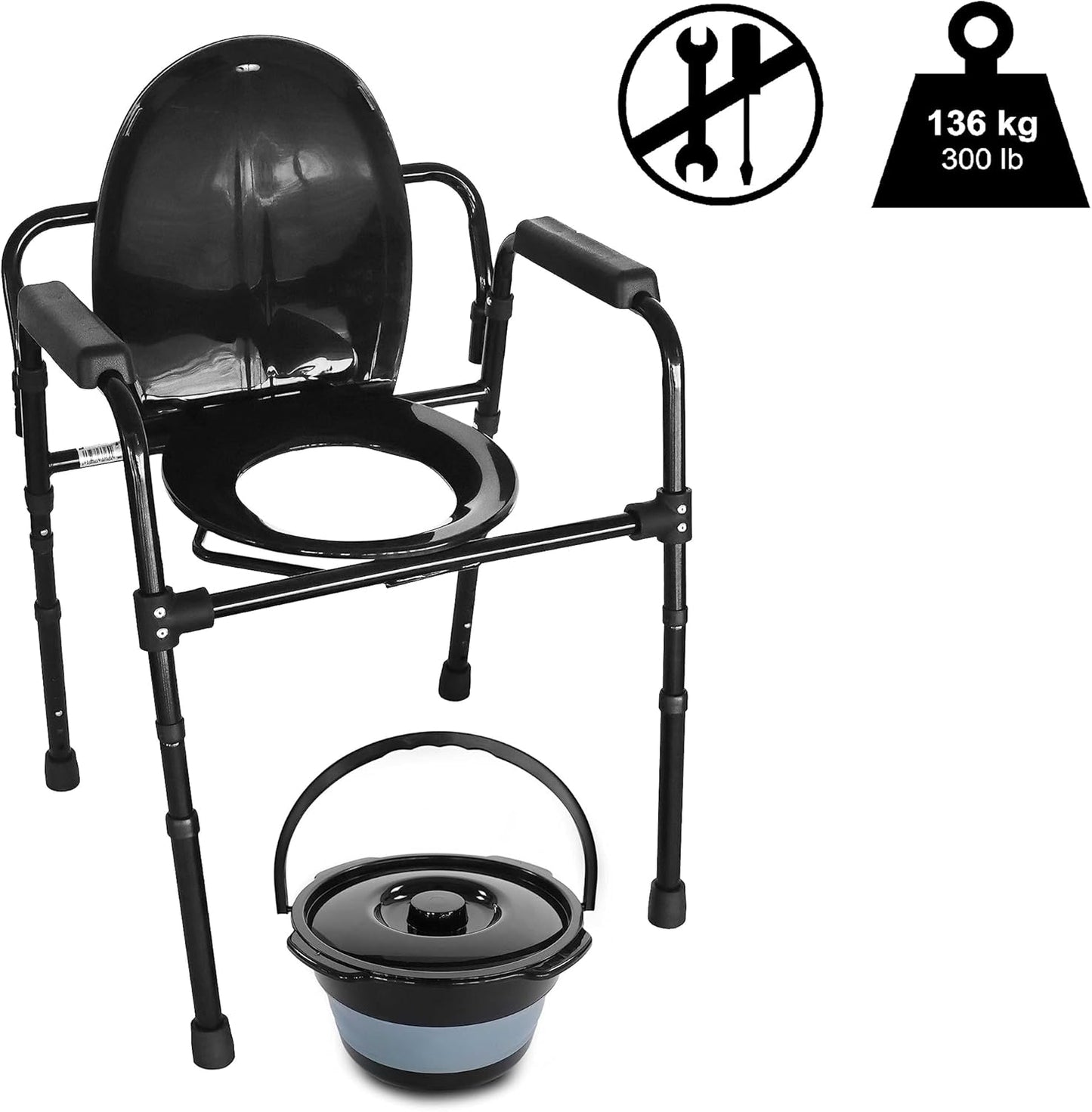 Höhenverstellbarer Toilettenstuhl mit Eimer, Schwarz